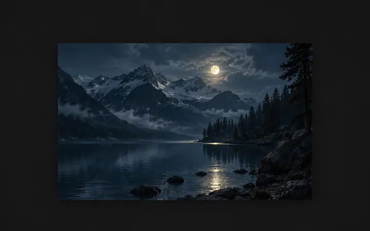 Eine dunkle Bildbearbeitungsfläche für eine mondbeschienene Bergseelandschaft